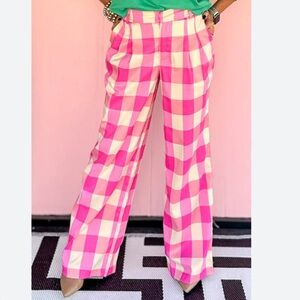 Vibrant Pink and Cream Checkered Wide Leg Pants